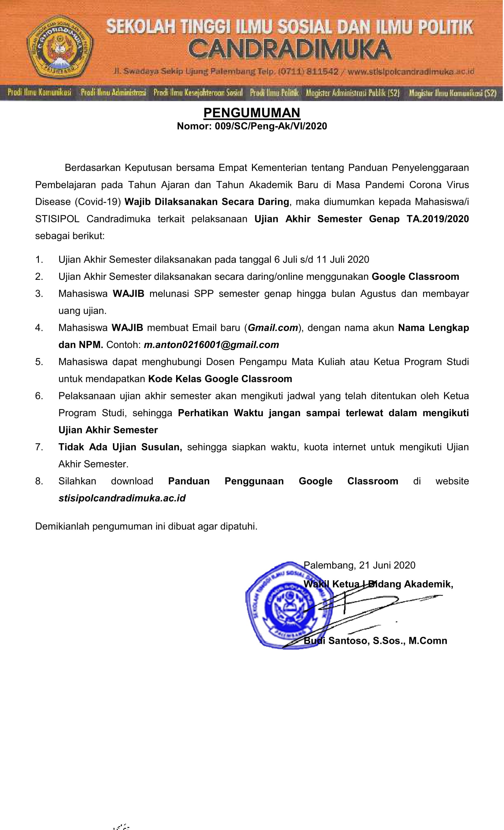 Pengumuman UAS Online STISIPOL Candradimuka