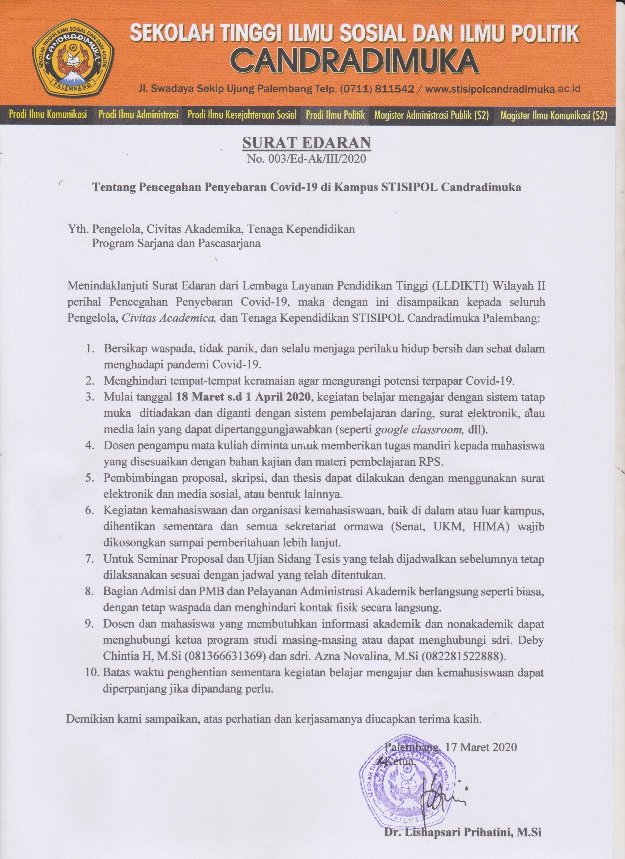 Surat Edaran Terkait Pencegahan Penyebaran Covid-19 di Kampus STISIPOL Candradimuka
